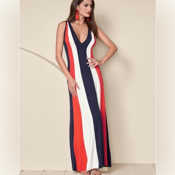 Venus Striped V Neck Bold  Red & Blue Maxi Dress Size Medium - Picture 1 of 15
